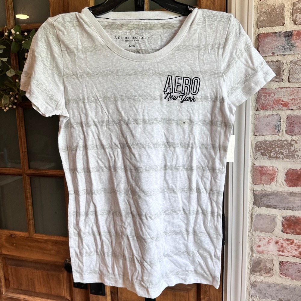 Aeropostale T-Shirt Womens Med White Gray Striped Burnout Aero New York Logo NWT